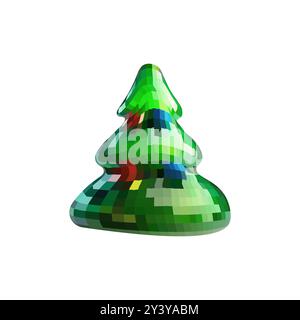 Green Christmas tree decorated, crystal glass, mirror ball, disco New Year and Christmas, mosaic on white background vector Stock Vector
