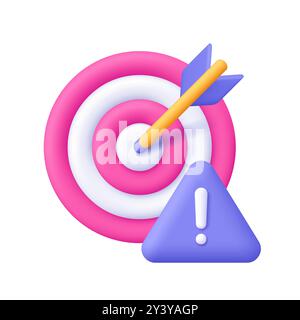 Target with warning symbol, triangle with exclamation point. Business risk. 3d vector icon. Cartoon minimal style. Stock Vector
