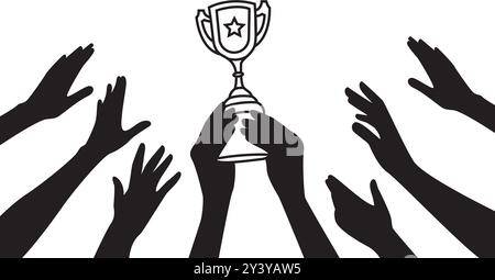 Winning team with trophy cup icon, Black on white flat vector. Stock Vector