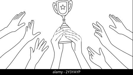 Winning team with trophy cup against in sky line art vector icon Stock Vector