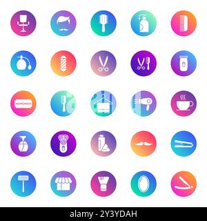 Barbershop vector icons on color gradient rounds Stock Vector