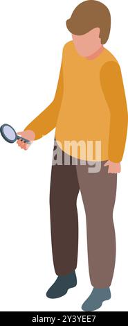 Young man is standing and holding a magnifying glass, searching for clues or examining something in detail Stock Vector