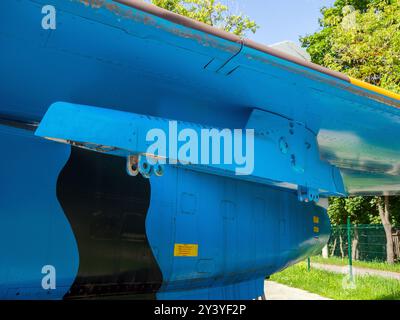 Dubna, Russia - August 22, 2023: Pylon for hanging weapons under the wing of an SU-24M aircraft, site of the Museum of the History of Cruise Missiles, Stock Photo