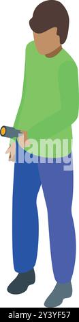 Young man holding flashlight isometric icon vector illustration Stock Vector