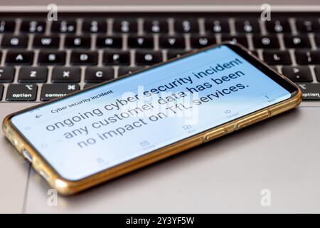 London. UK-09.12.2024. A notification from Transport For London on a mobile phone of a cyber security incident. Stock Photo