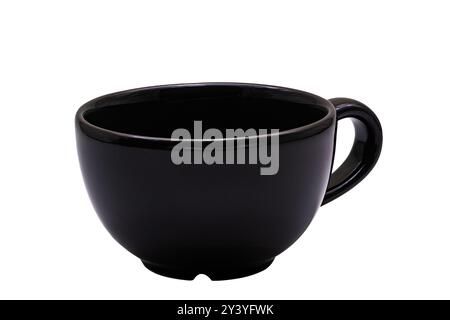 Side view of empty single black ceramic coffee cup isolated on white background with clipping path, closeup. Stock Photo