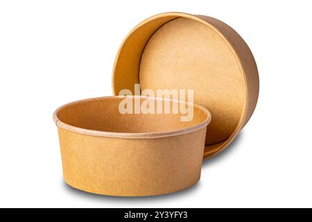 Closeup view of empty eco-friendly disposable brown paper bowl isolated on white background with clipping path. Stock Photo