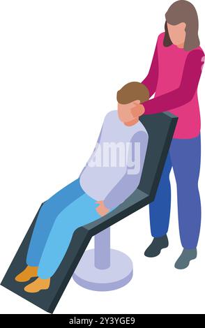 Female barber touching hair of male customer sitting in barber chair Stock Vector