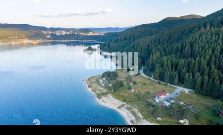 Scenic view of the mountains and the lake, Bulgaria. Mountain lakes surrounded by forests, aerial shot using a drone Stock Photo