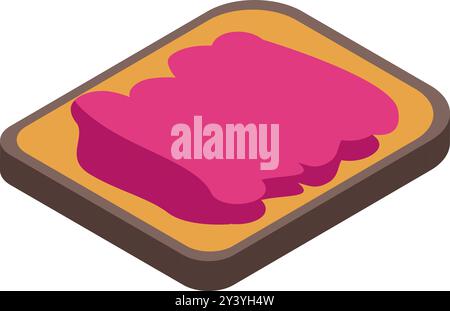 Simple isometric illustration of a slice of toasted bread with raspberry jam spread on top Stock Vector