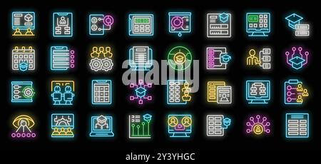 Students and teachers are using an online learning management system in this neon icon set Stock Vector