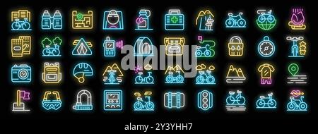 Cyclist traveling with bicycle in mountains and carrying backpack neon icons set vector Stock Vector