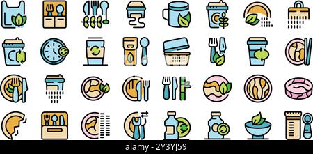Eco friendly dishes and cutlery for carrying food set icons in thin line style Stock Vector