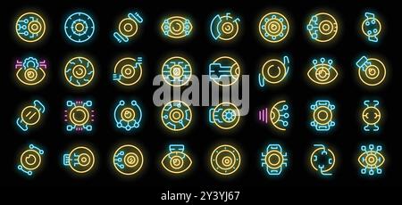 Set of neon glowing icons representing cyber eye, bionic vision and futuristic technology Stock Vector
