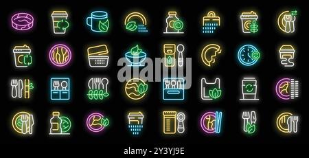 Set of zero waste kitchen reusable neon bright icons, recycling food storage, eco friendly dishes, reusable kitchenware glowing pictograms collection on black background Stock Vector
