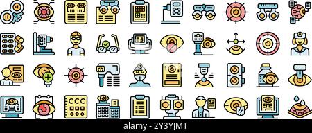 Optometrist checking patient eyesight with modern equipment icons set. Editable stroke Stock Vector