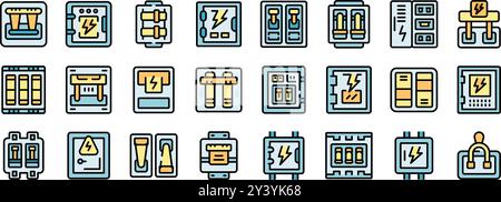 Set of icons depicting different electrical panels, circuit breakers, and other electrical components used for power supply and distribution Stock Vector