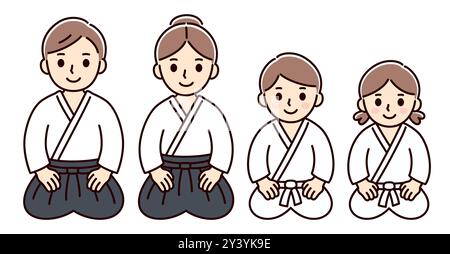 Cute cartoon kids and adults in Aikido uniform sitting on the floor seiza style. Man and woman, boy and girl. Simple drawing, vector clip art illustra Stock Vector