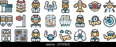 Female pilot and aviation icon set with airport tower, airplane, pilot wings, and more in color filled outline style Stock Vector