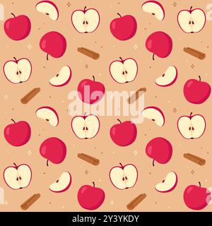 Apple pie ingredients seamless pattern. Doodle drawings of red apples and cinnamon sticks. Vector background illustration. Stock Vector