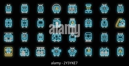 Set of tramway, trolleybus and funnicular neon icons glowing in the dark Stock Vector