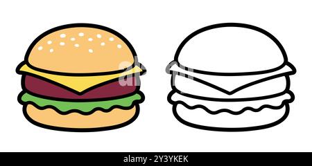 Cartoon cheeseburger, color drawing and black and white line icon. Cute and simple burger symbol, vector clipart illustration. Stock Vector