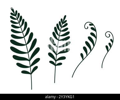 Fern leaf doodle drawing set. Simple monochrome silhouette vector illustration. Stock Vector