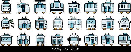 Trolleybus icons set. Outline set of trolleybus vector icons thin line color flat on white background Stock Vector