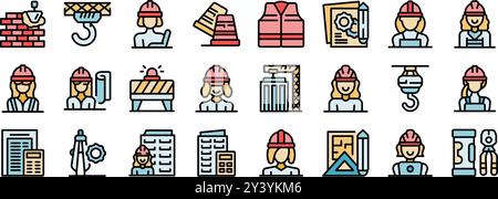 Collection of colorful icons representing women working in construction industry, wearing hard hats and working on various tasks Stock Vector
