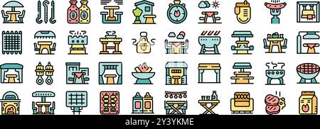 People enjoying cooking food outdoors using barbecue grill having lunch on picnic blanket on backyard terrace at home or on nature summer outdoor food festival concept icon set vector thin line Stock Vector