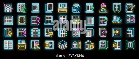Windows installation and repair service neon icons set. Glowing sign collection with french door, jalousie, sliding sash window Stock Vector