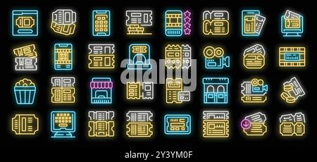 Big set of neon ticket icons showing ticket purchase, online booking and different types of tickets Stock Vector