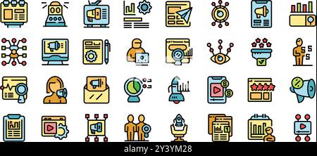 This vector art set features colorful icons representing various aspects of digital marketing, emphasizing the strategic use of content to engage audiences and achieve business objectives Stock Vector