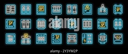 Set of glowing neon icons featuring various electrical panels, circuit breakers, and fuse boxes, illuminating the concept of electrical safety and power distribution Stock Vector