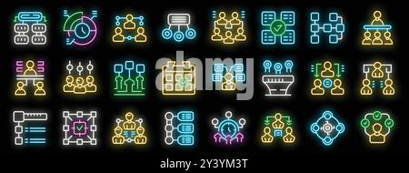 Workflow organization neon icons set vector. Workflow and project management, time optimization and planning, business strategy and teamwork illustrations Stock Vector