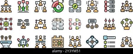 This vector icon set features various aspects of business structures, hierarchies, and organizational flowcharts, visualized through different styles Stock Vector
