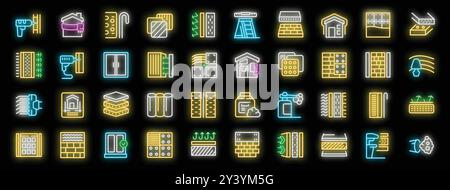 Construction worker installing heat and sound insulation material set of neon icons for web on black background Stock Vector