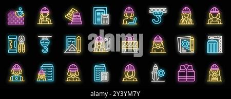 Female construction worker neon icon set, woman builder in hard hat holding blueprint, lifting crane, safety jacket bright signboard vector illustration Stock Vector