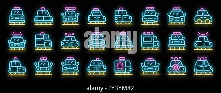 This set of neon glowing icons shows various police cars, representing law enforcement and security Stock Vector