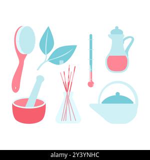 Flat vector illustration of spa items such as a brush, leaves, oils, and other accessories for wellness and relaxation. Stock Vector
