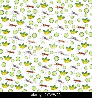 mosquitoes, ants and fruit as a pattern background Stock Vector