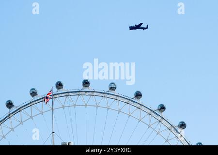 London, UK. 15th Sept 2024. A Lancaster bomber flies low over central London with the Battle of Britain Thanksgiving Service at Westminster Abbey. Credit: matthew Chattle/Alamy Live News Stock Photo