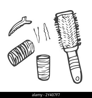 Curlers. Hairdressing equipment line sketch. Professional hair dresser tool. Hand drawn doodle icon. Stock Vector
