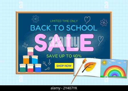 Engaging vector banner showcasing a back-to-school sale on a chalkboard, with artistic school supplies and a colorful layout. Perfect for seasonal pro Stock Vector