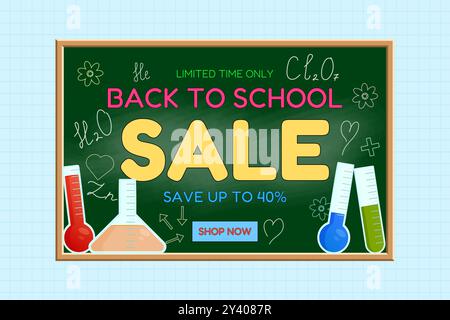 Colorful vector illustration of a back-to-school sale on a chalkboard, featuring science lab equipment and engaging chemistry formulas. Ideal for educ Stock Vector