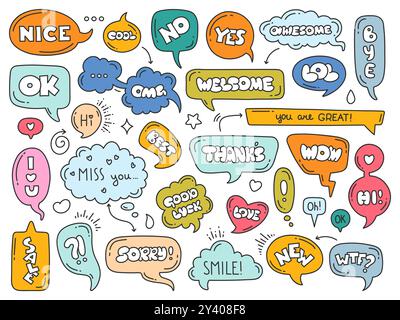 Speech bubbles with words. Different shapes dialog clouds, cute doodle style, short phrases, funky hand drawn text, rounded font, stickers Stock Vector