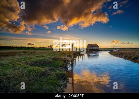 Thornham Old Harbour at sunset, Thornham, Norfolk, England, Uk Stock Photo