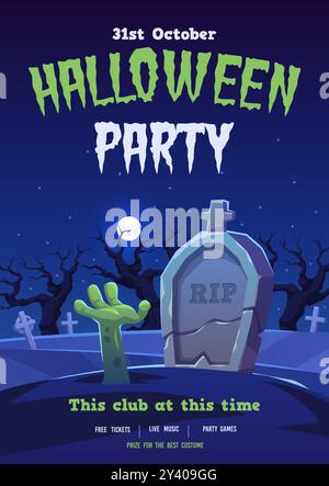 Halloween party invitation. Cemetery gravestones, zombie hand ground comes out, dead man rises from grave, creepy night, poster design, vertical Stock Vector