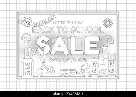 Engaging black and white coloring page for a back-to-school sale, featuring scissors, glue, and decorative elements. Perfect for creative projects. Stock Vector