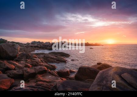Sunset landscapes at the coastline of the Pink Granite Coast in Brittany, France Stock Photo